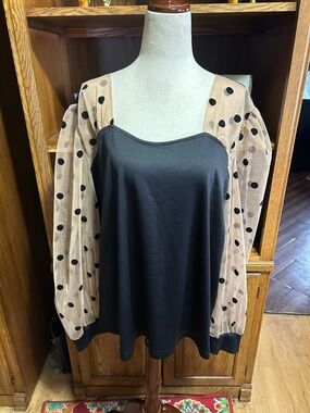 SHEIN Black Bodice Top with Nude Polka Dot Sheer Sleeves Size 5XL (20) EUC